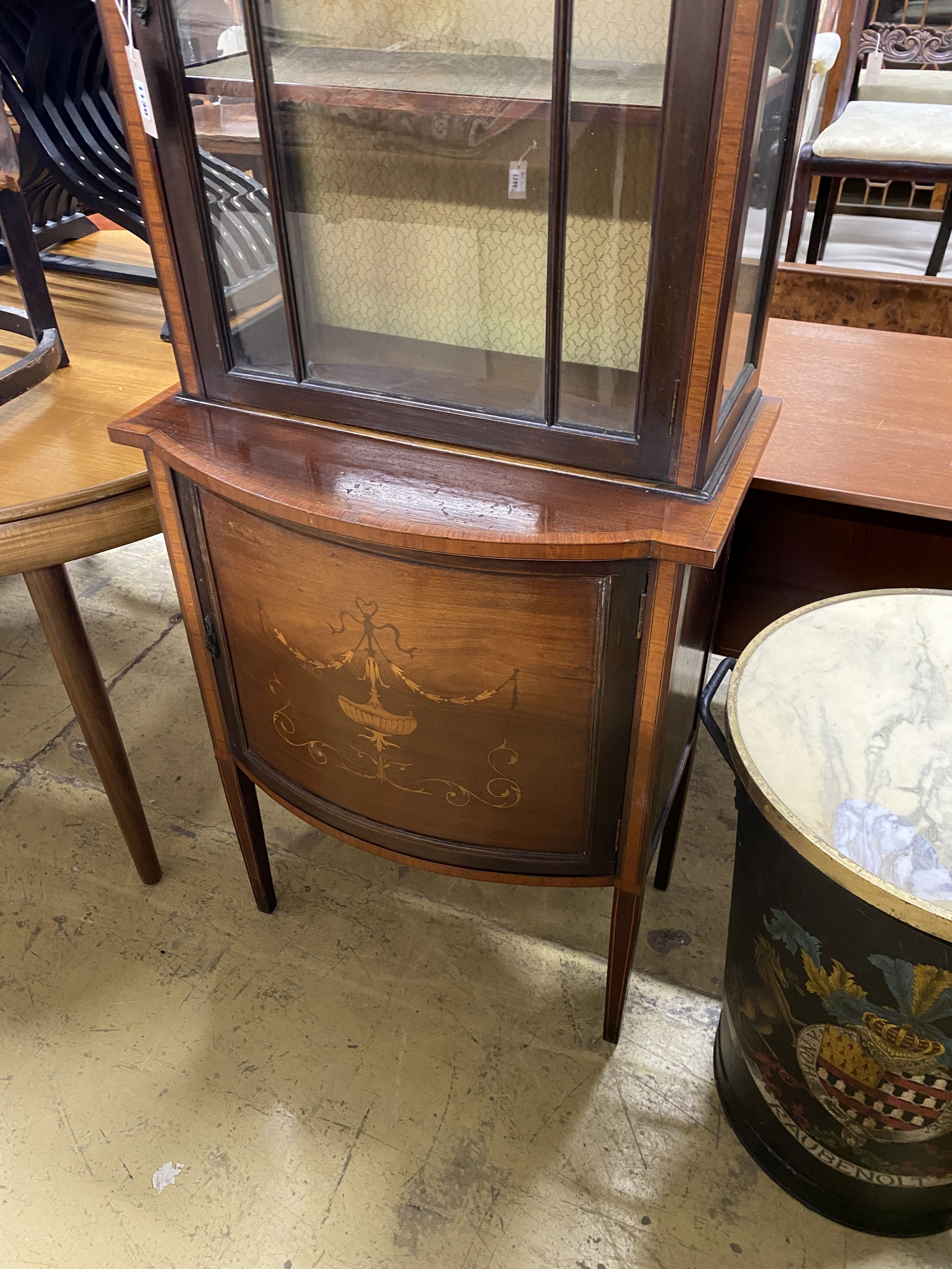 An Edwardian marquetry and satinwood banded mahogany bowfront display cabinet, width 66cm, depth 40cm, height 179cm